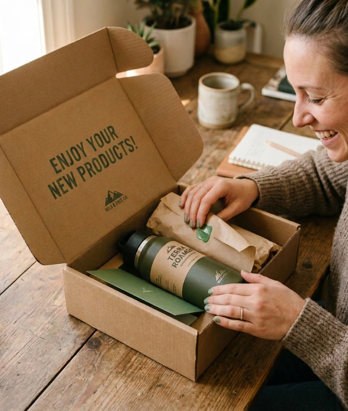 Customer opens a box with printing on the inside
