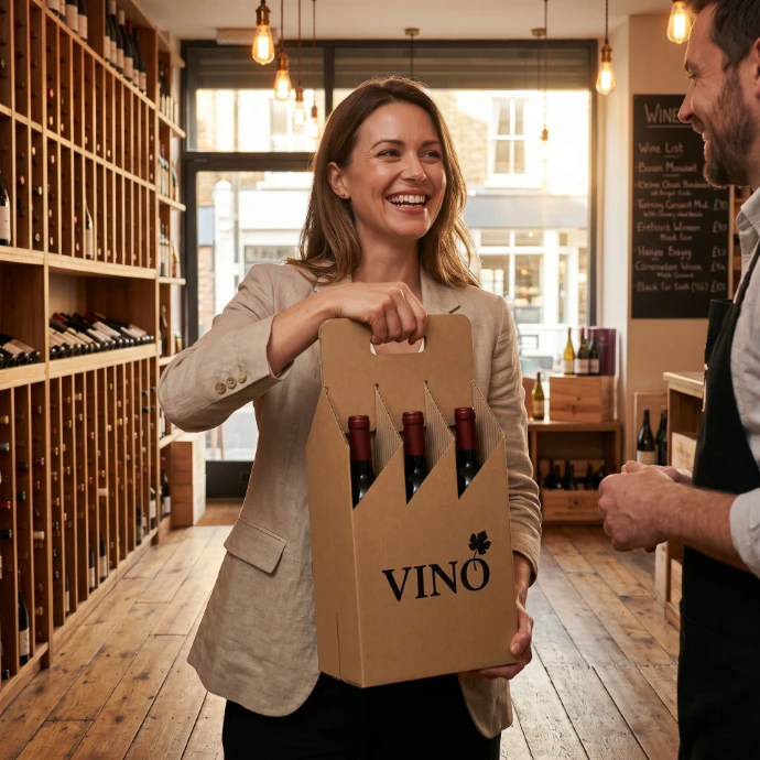 A woman holding a cardboard wine box with a handle.