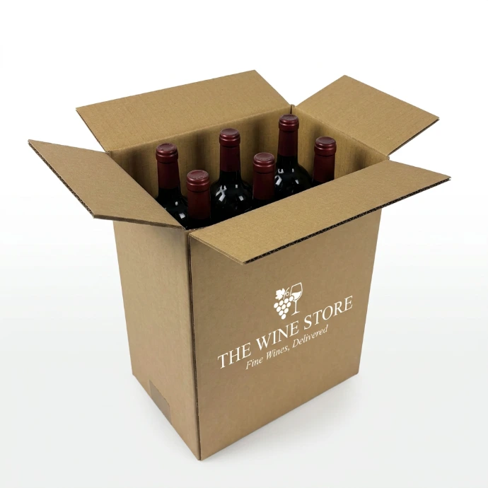A six-bottle cardboard wine package containing stand-up bottles.