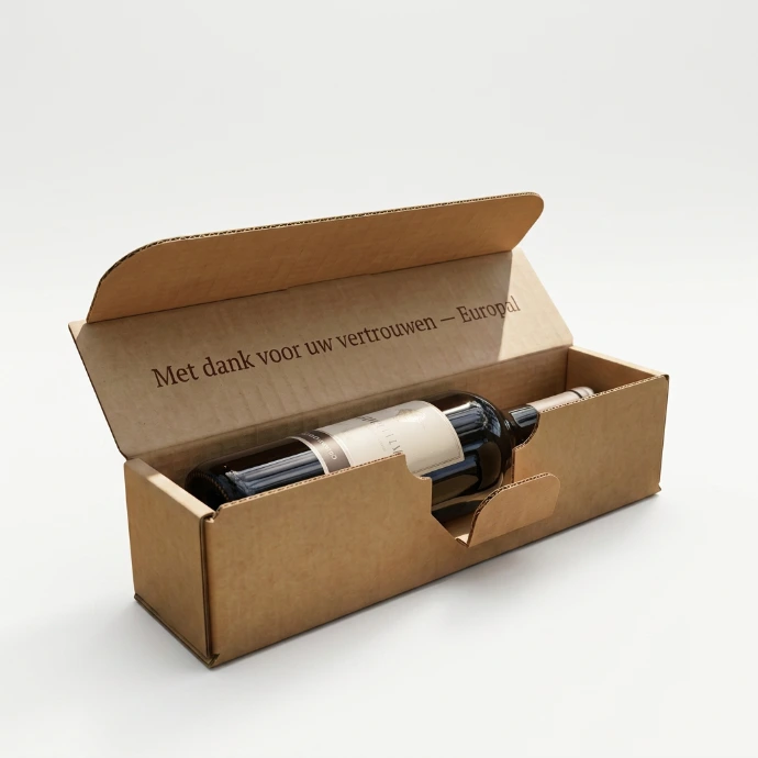 A single-bottle cardboard wine package
