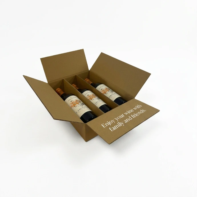 A side-by-side 3-bottle cardboard wine package