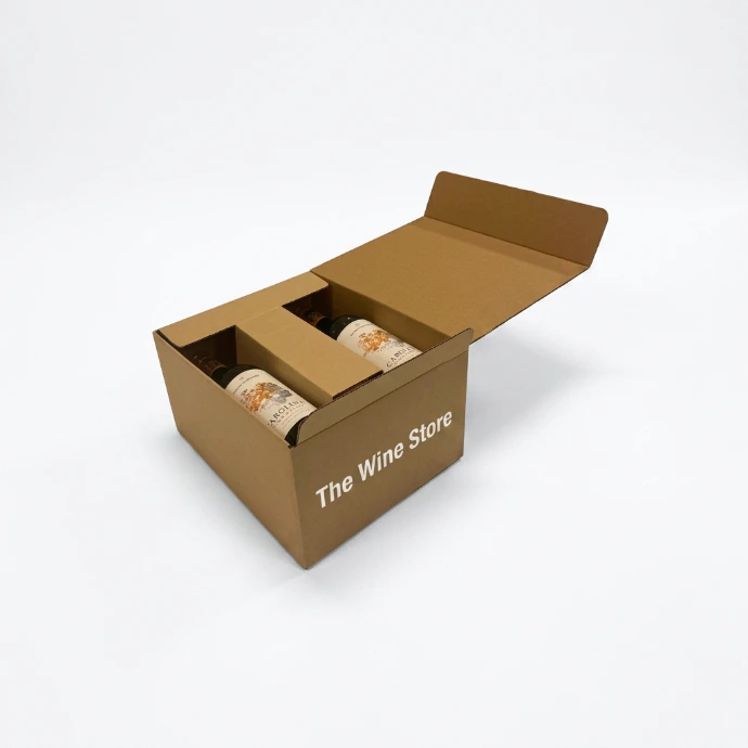 A six-bottle, two-layer cardboard wine package without tape and with an autolock bottle.