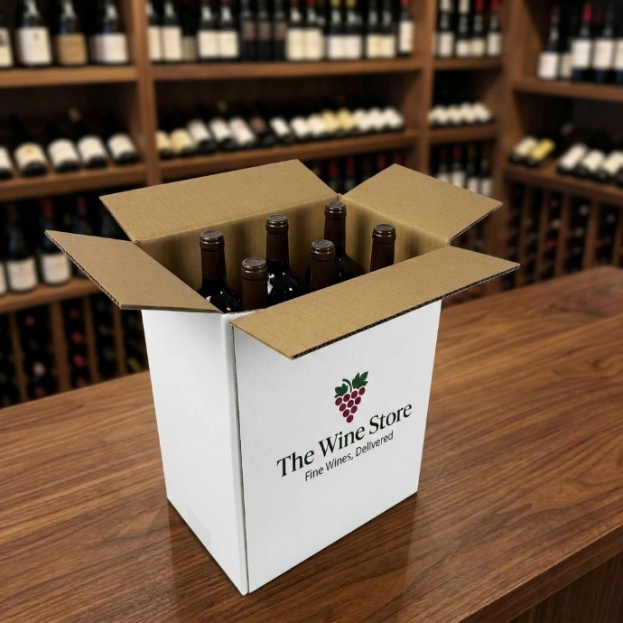 A cardboard wine box that holds 6 bottles, with a white exterior and printed design.