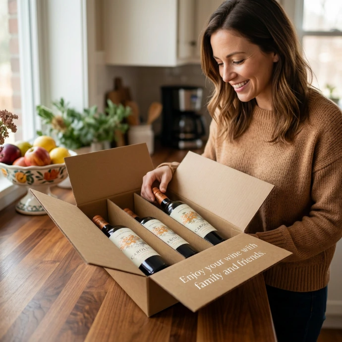A woman opening a cardboard box containing wine bottles.